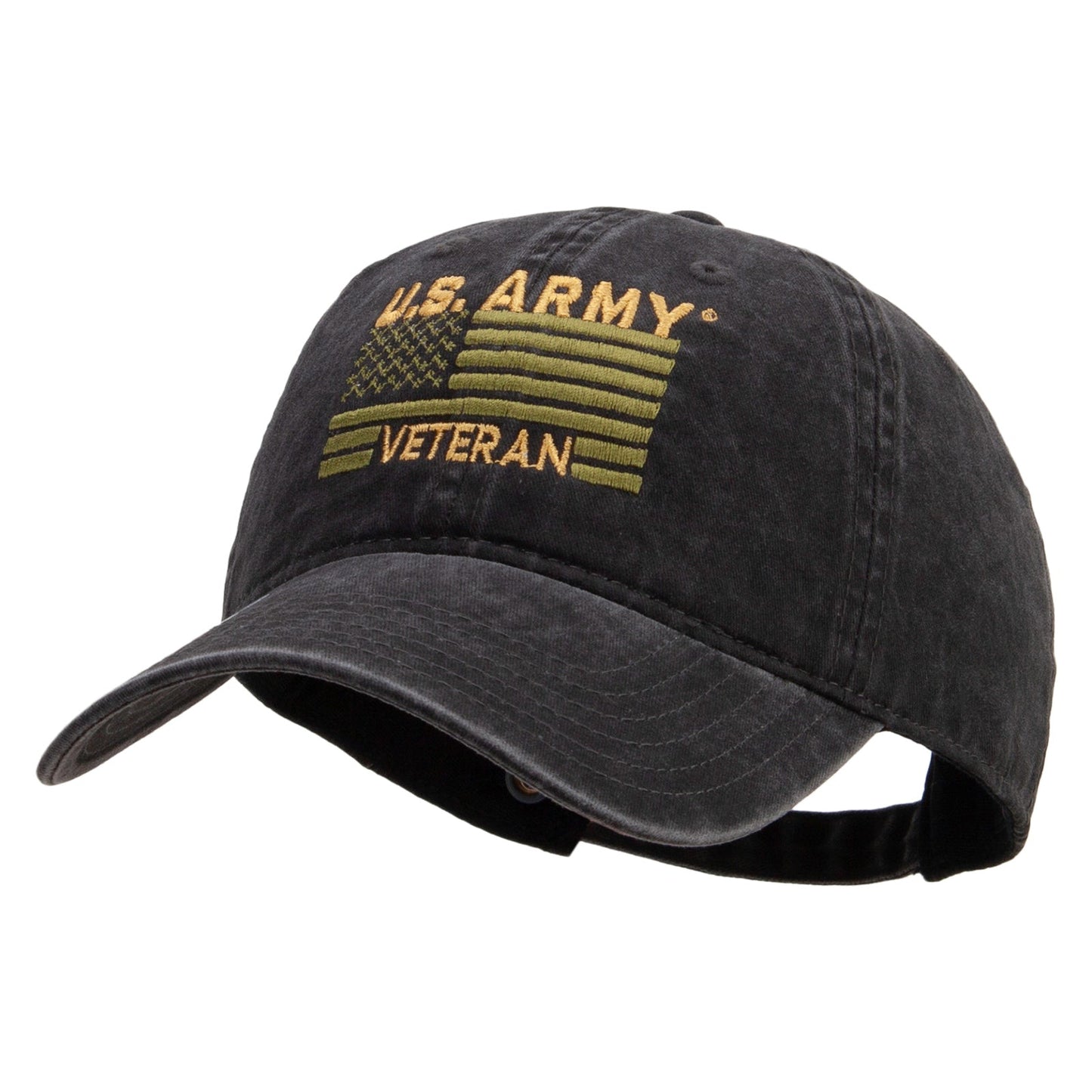 U.S. Army Veteran Flag Embroidered Washed Solid Pigment Dyed Cotton Twill Brass Buckle Cap