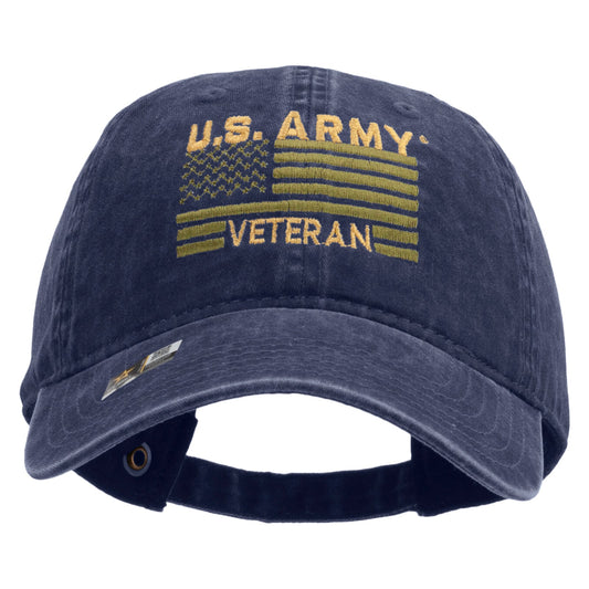 U.S. Army Veteran Flag Embroidered Washed Solid Pigment Dyed Cotton Twill Brass Buckle Cap
