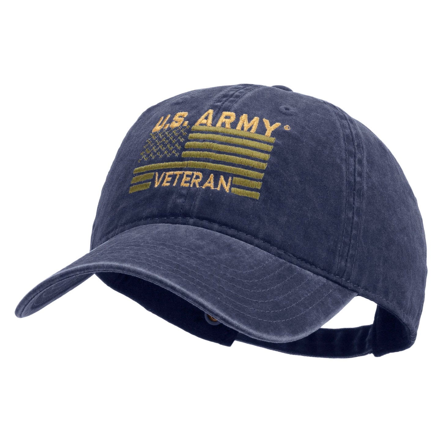 U.S. Army Veteran Flag Embroidered Washed Solid Pigment Dyed Cotton Twill Brass Buckle Cap