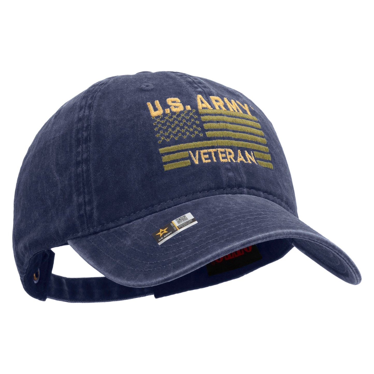U.S. Army Veteran Flag Embroidered Washed Solid Pigment Dyed Cotton Twill Brass Buckle Cap