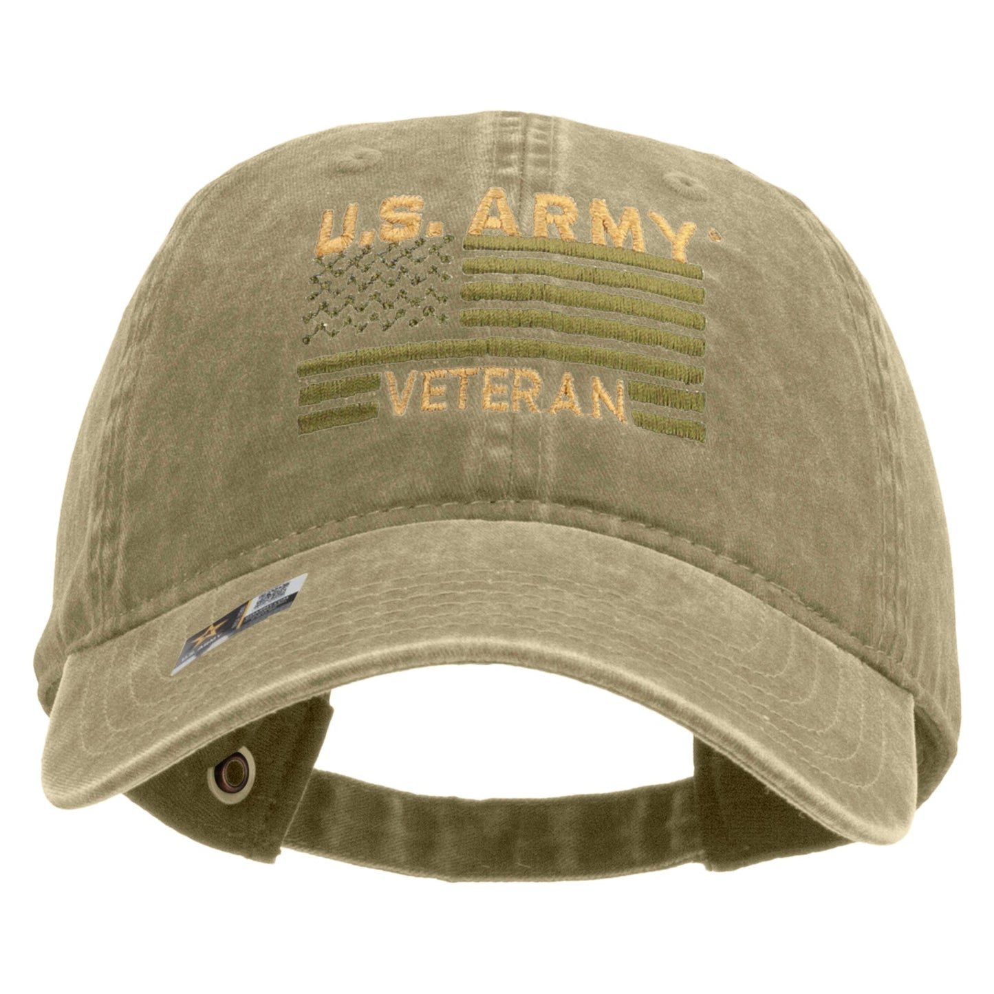 U.S. Army Veteran Flag Embroidered Washed Solid Pigment Dyed Cotton Twill Brass Buckle Cap