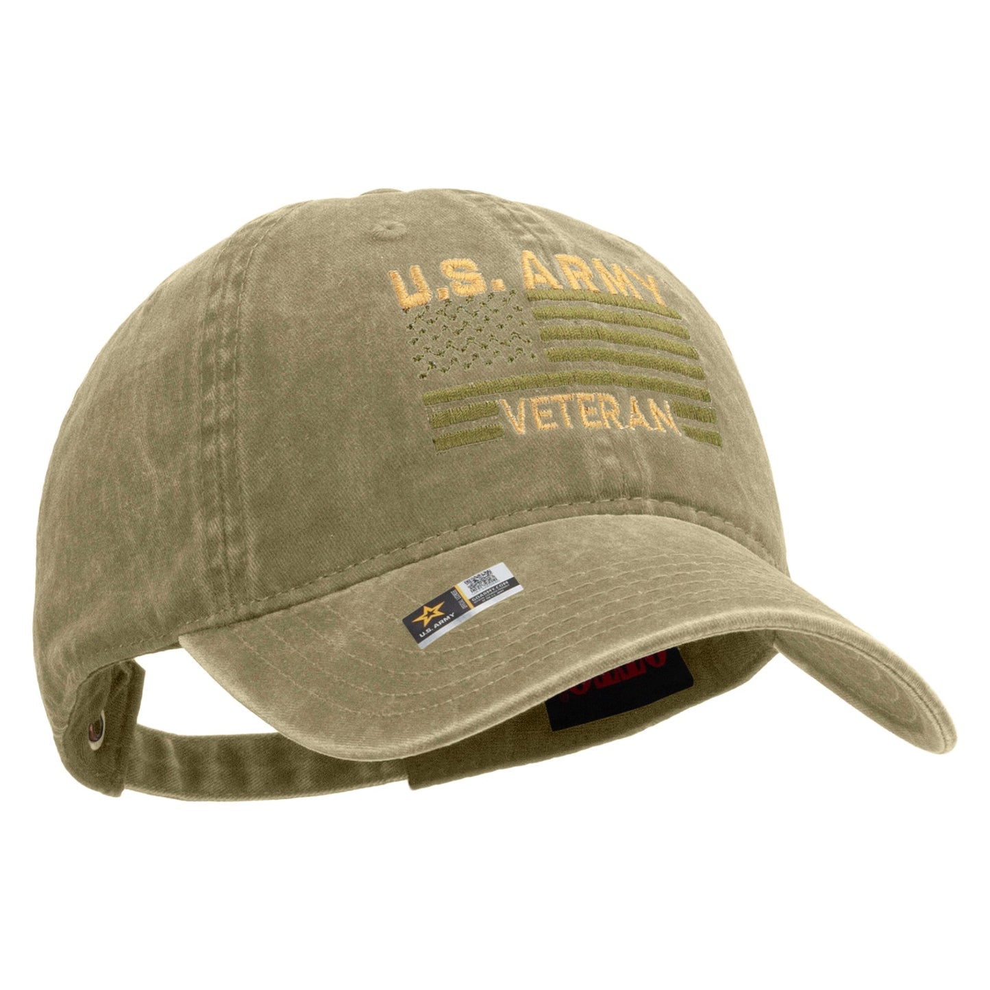 U.S. Army Veteran Flag Embroidered Washed Solid Pigment Dyed Cotton Twill Brass Buckle Cap