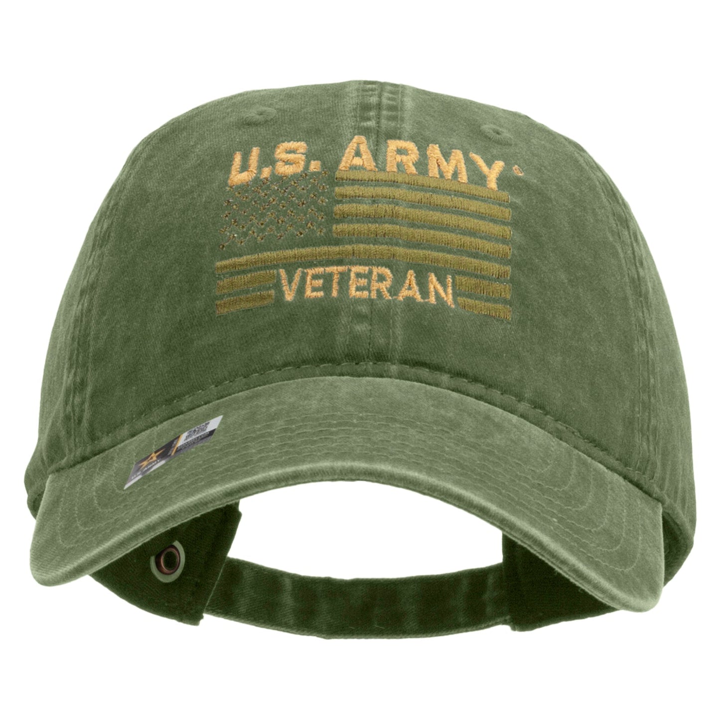 U.S. Army Veteran Flag Embroidered Washed Solid Pigment Dyed Cotton Twill Brass Buckle Cap