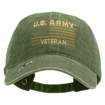U.S. Army Veteran Flag Embroidered Washed Solid Pigment Dyed Cotton Twill Brass Buckle Cap