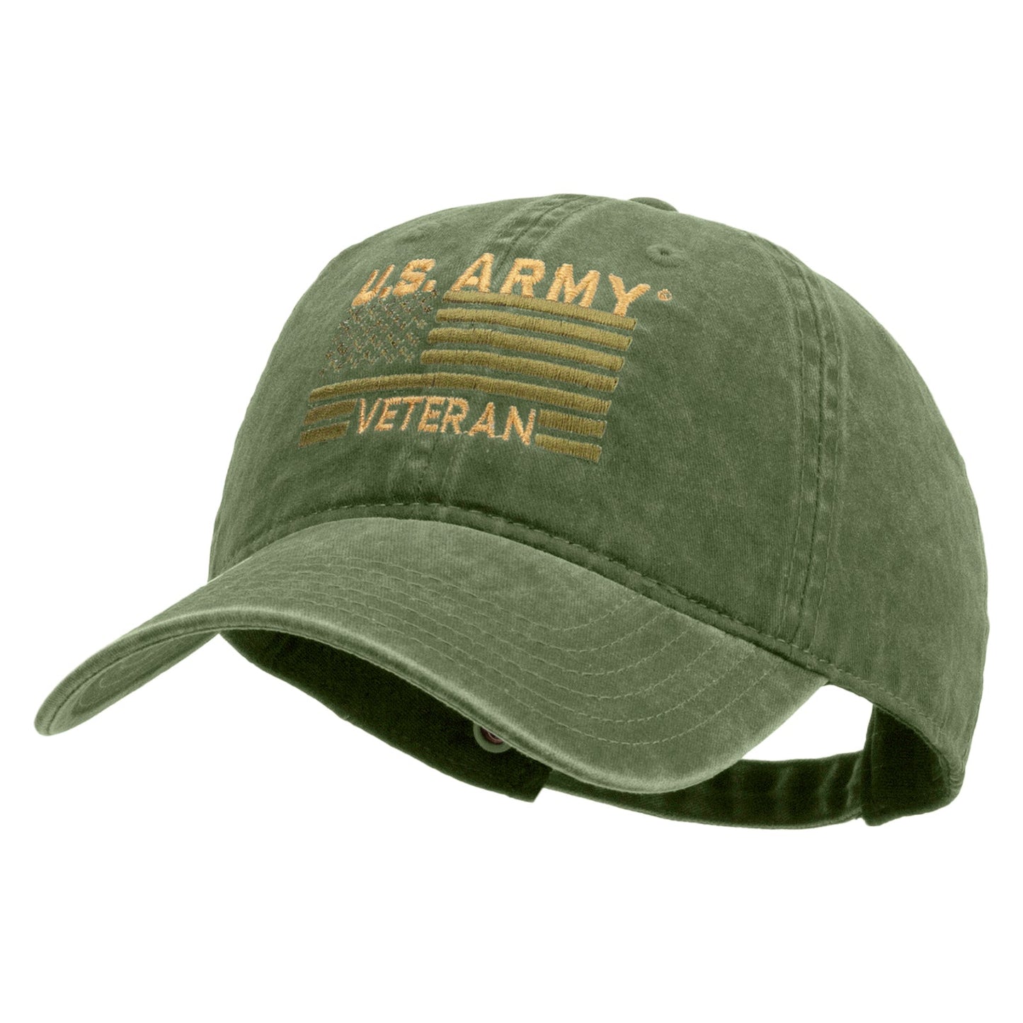 U.S. Army Veteran Flag Embroidered Washed Solid Pigment Dyed Cotton Twill Brass Buckle Cap