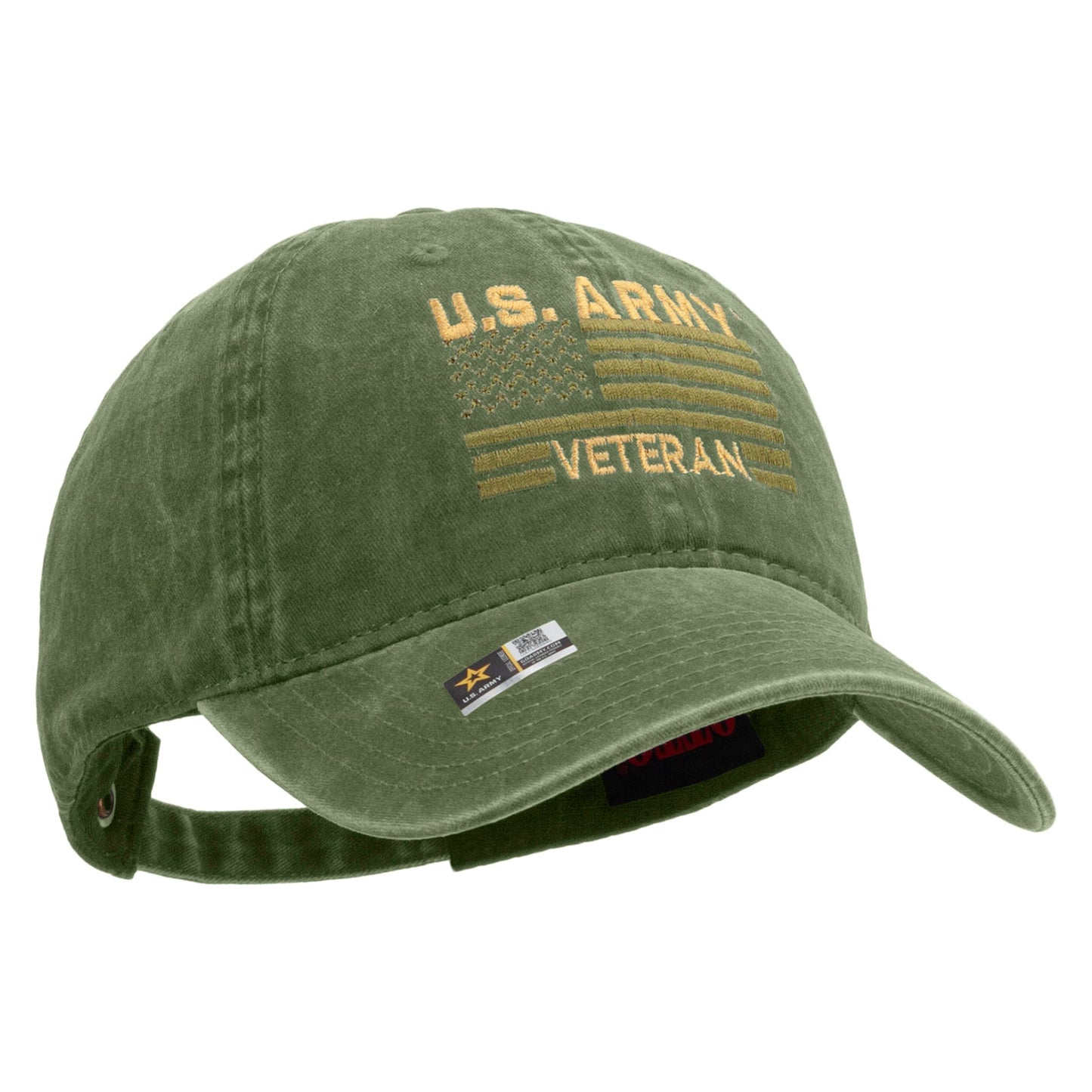 U.S. Army Veteran Flag Embroidered Washed Solid Pigment Dyed Cotton Twill Brass Buckle Cap