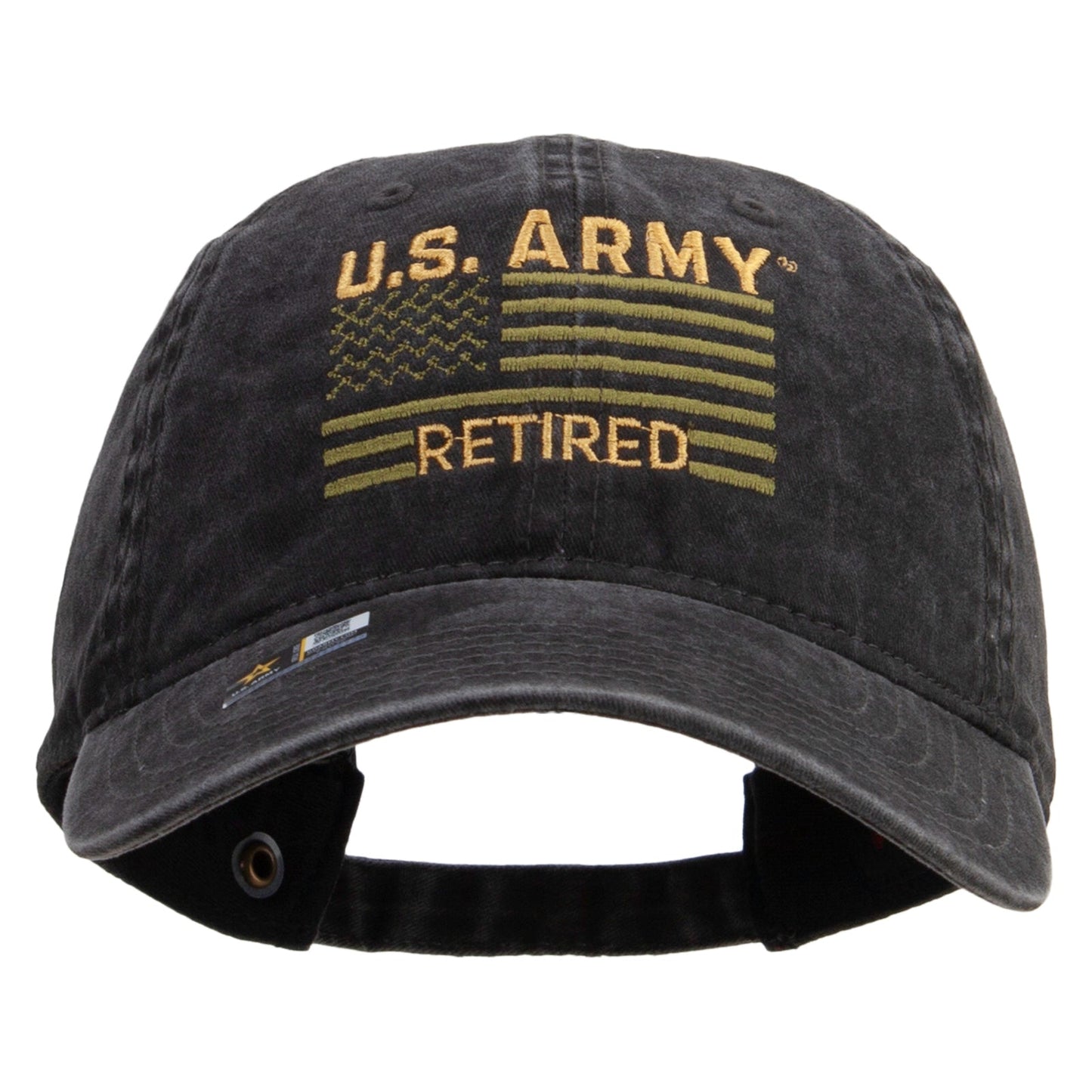 U.S. Army Retired Flag Embroidered Washed Solid Pigment Dyed Cotton Twill Brass Buckle Cap