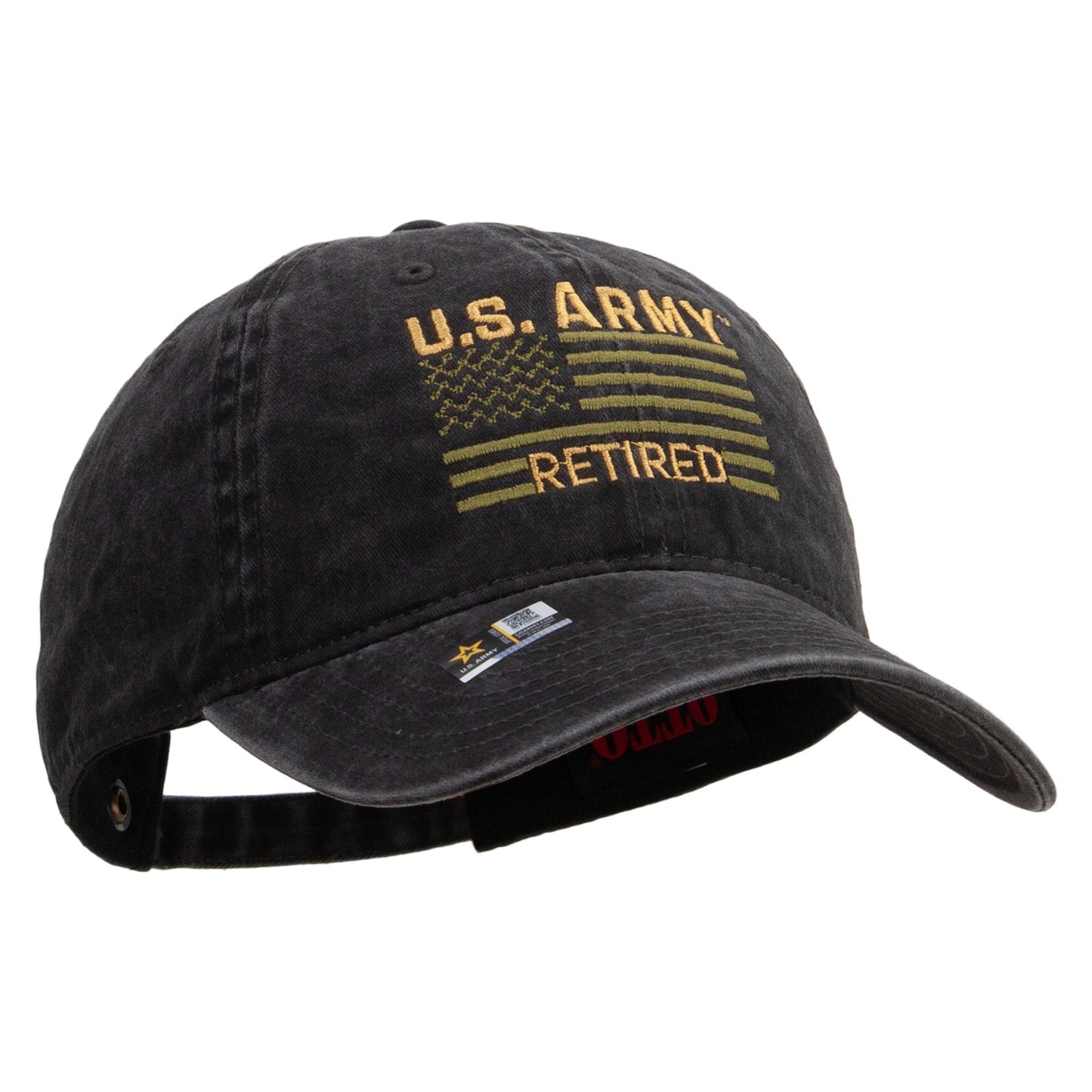 U.S. Army Retired Flag Embroidered Washed Solid Pigment Dyed Cotton Twill Brass Buckle Cap