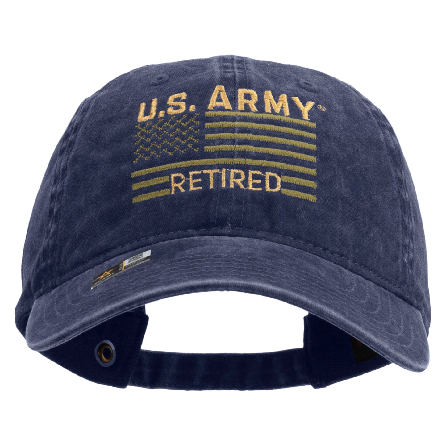 U.S. Army Retired Flag Embroidered Washed Solid Pigment Dyed Cotton Twill Brass Buckle Cap