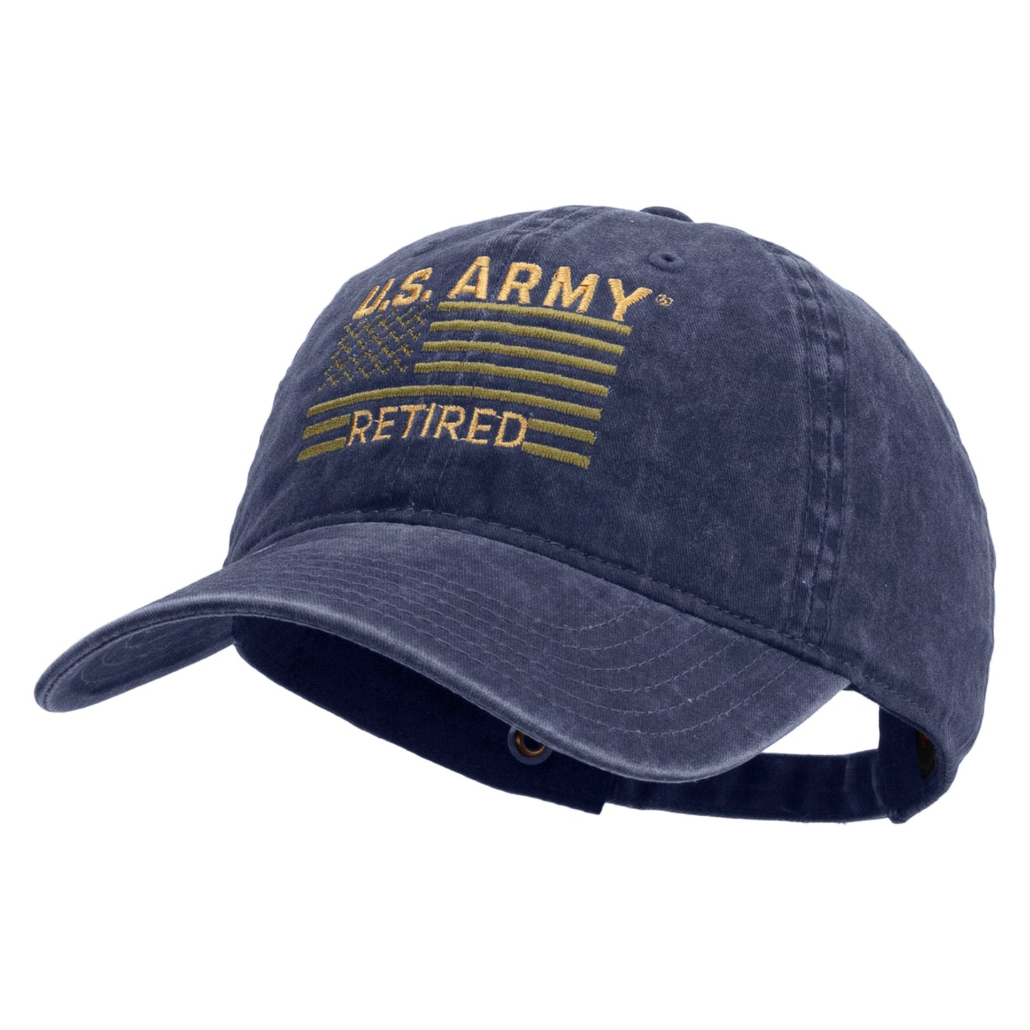 U.S. Army Retired Flag Embroidered Washed Solid Pigment Dyed Cotton Twill Brass Buckle Cap