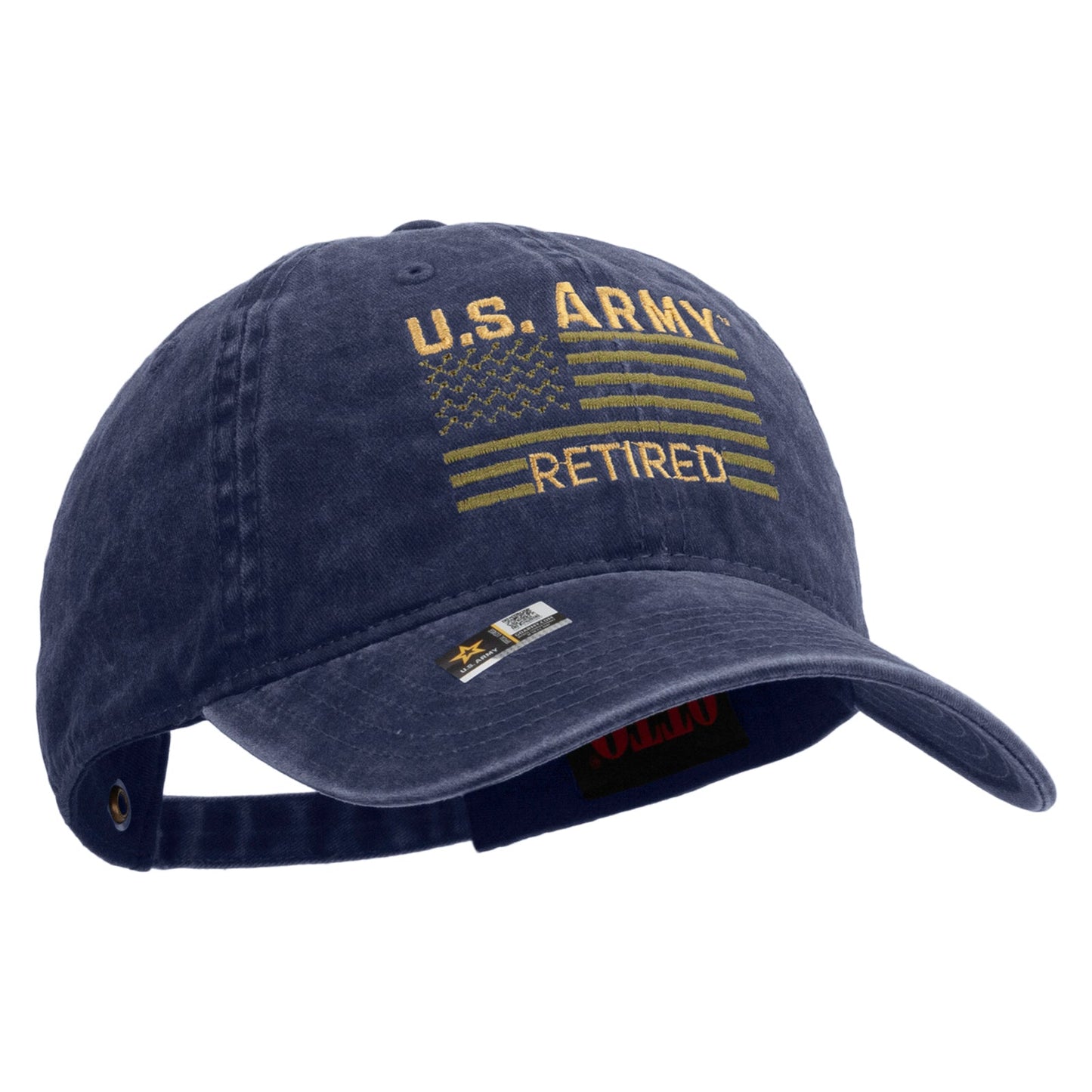 U.S. Army Retired Flag Embroidered Washed Solid Pigment Dyed Cotton Twill Brass Buckle Cap