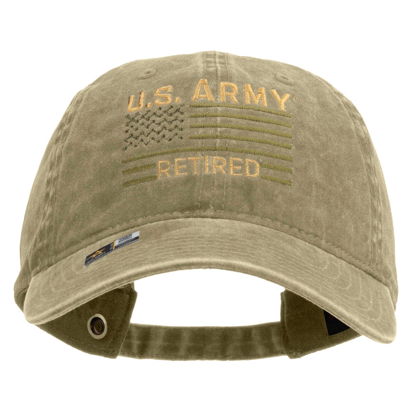 U.S. Army Retired Flag Embroidered Washed Solid Pigment Dyed Cotton Twill Brass Buckle Cap