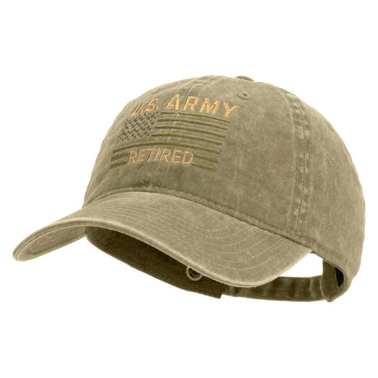 U.S. Army Retired Flag Embroidered Washed Solid Pigment Dyed Cotton Twill Brass Buckle Cap