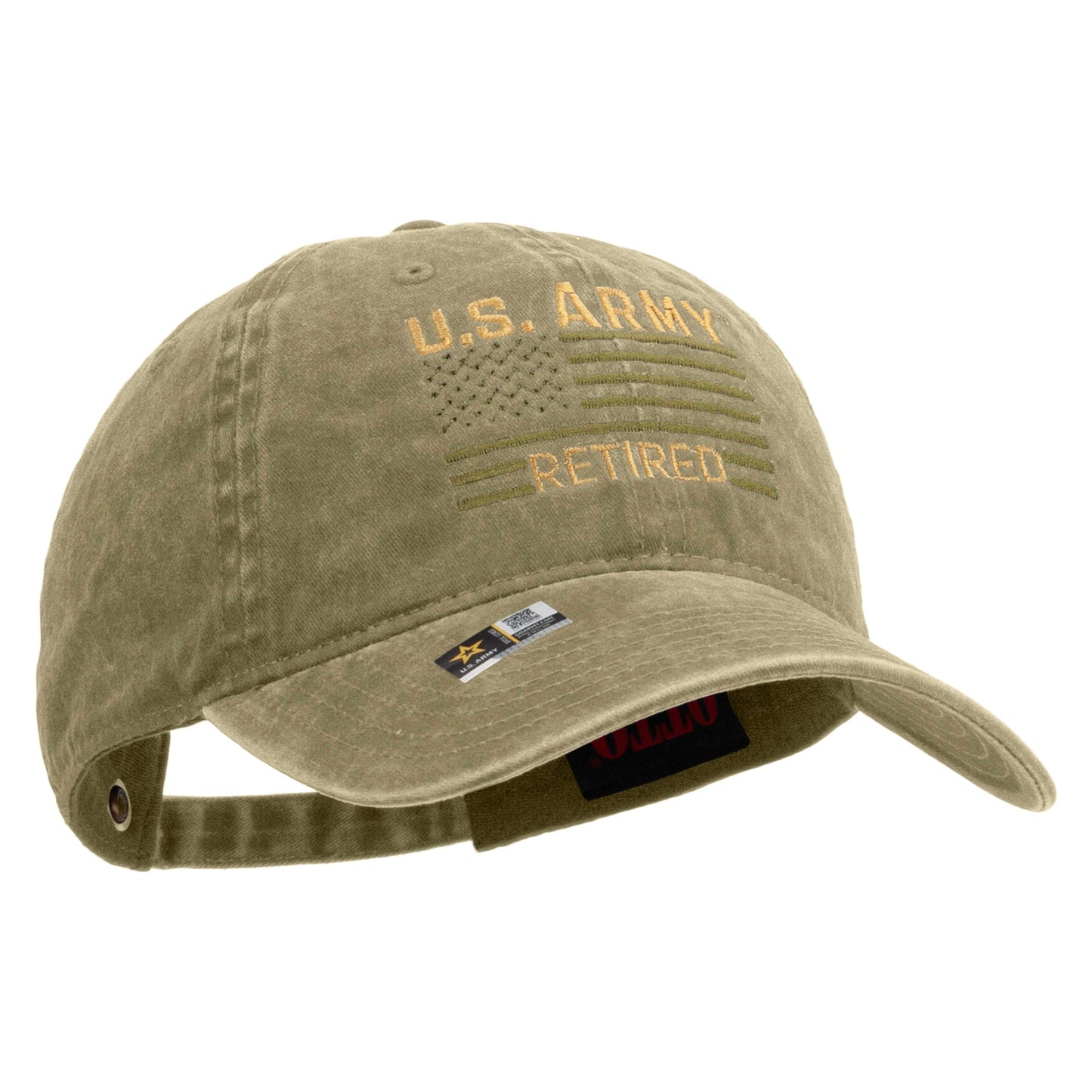 U.S. Army Retired Flag Embroidered Washed Solid Pigment Dyed Cotton Twill Brass Buckle Cap