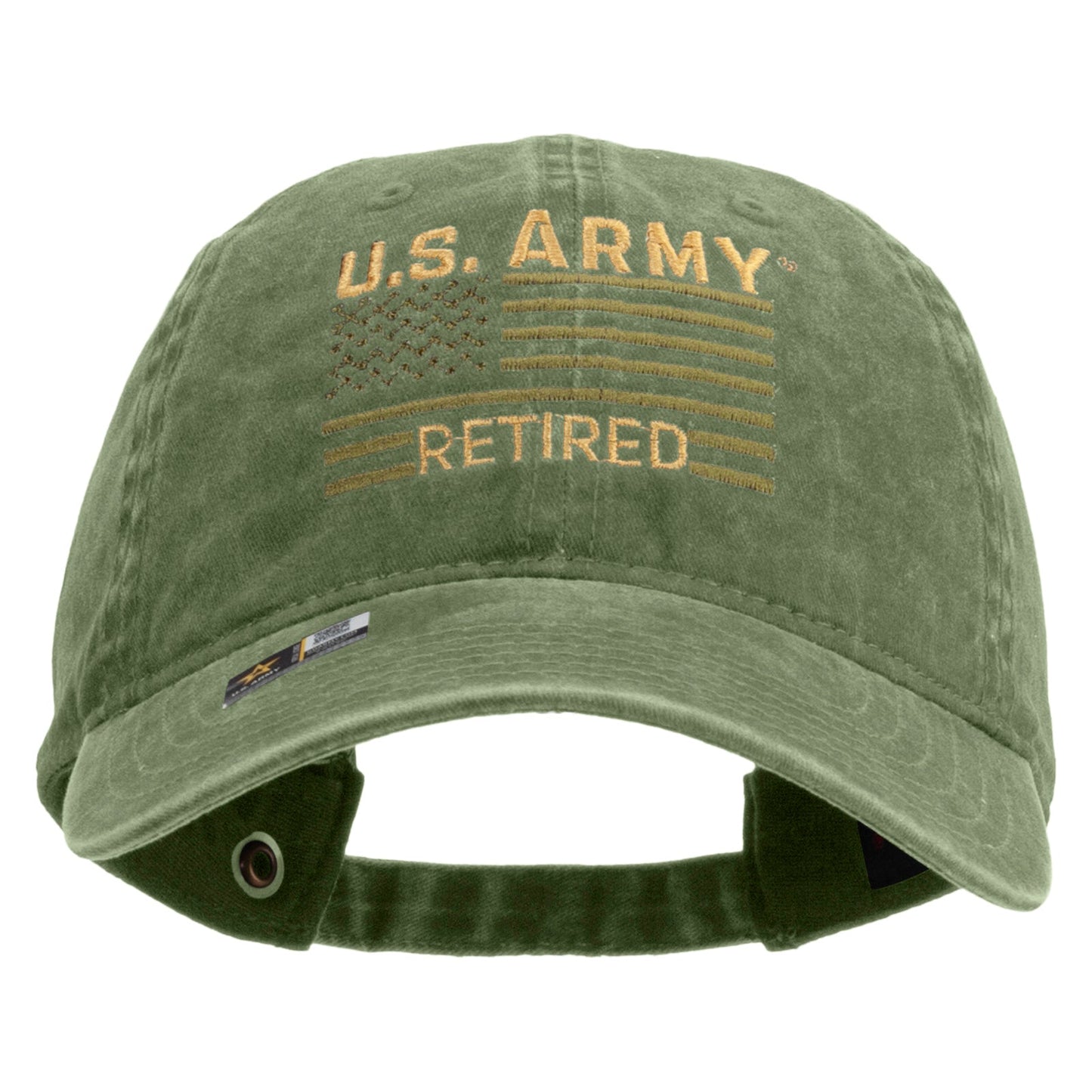 U.S. Army Retired Flag Embroidered Washed Solid Pigment Dyed Cotton Twill Brass Buckle Cap