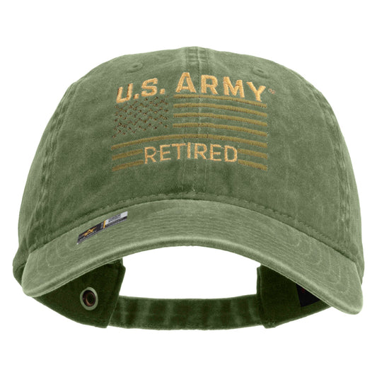 U.S. Army Retired Flag Embroidered Washed Solid Pigment Dyed Cotton Twill Brass Buckle Cap