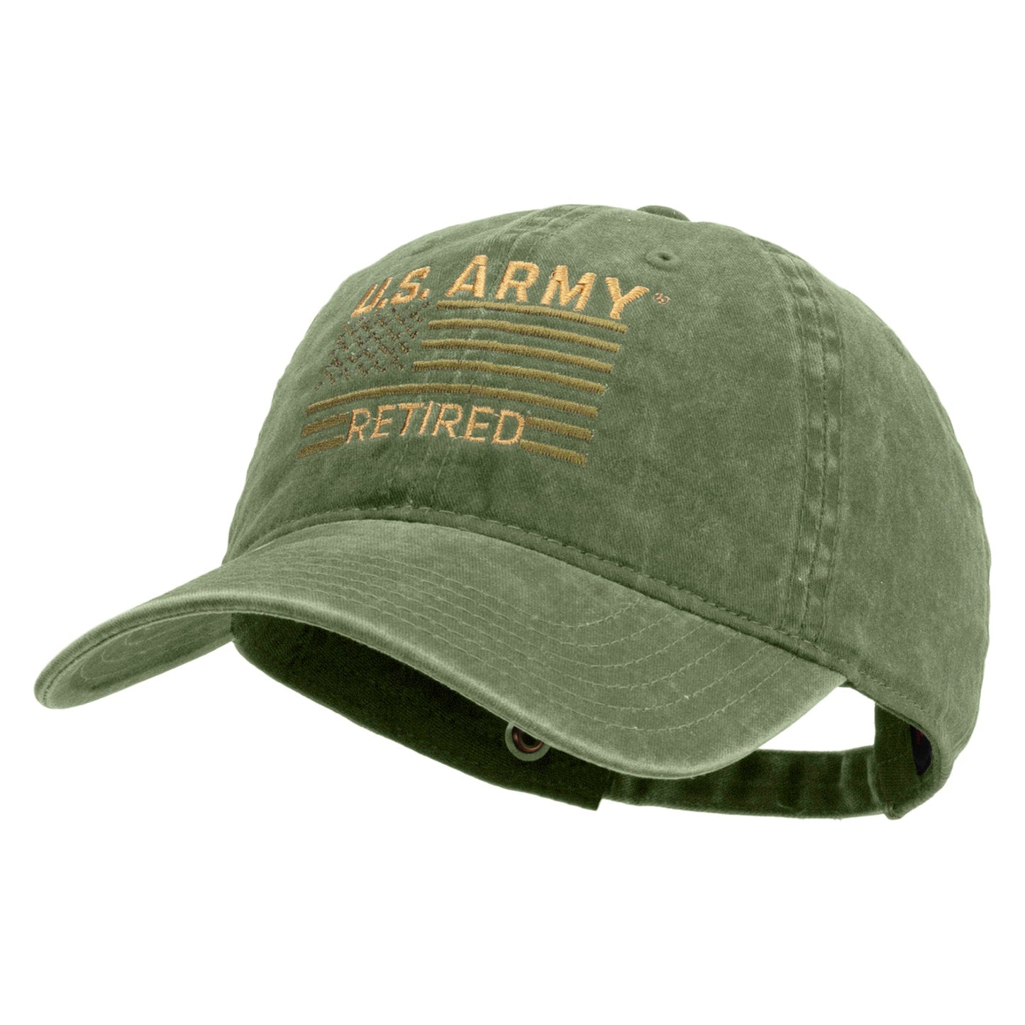 U.S. Army Retired Flag Embroidered Washed Solid Pigment Dyed Cotton Twill Brass Buckle Cap