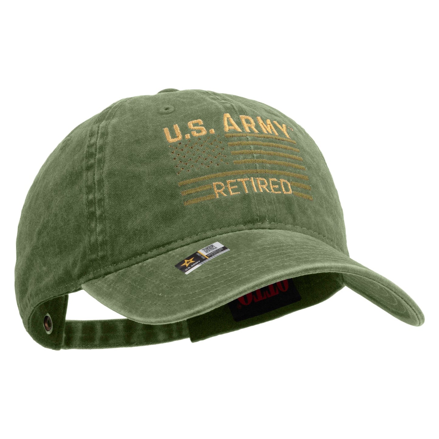 U.S. Army Retired Flag Embroidered Washed Solid Pigment Dyed Cotton Twill Brass Buckle Cap